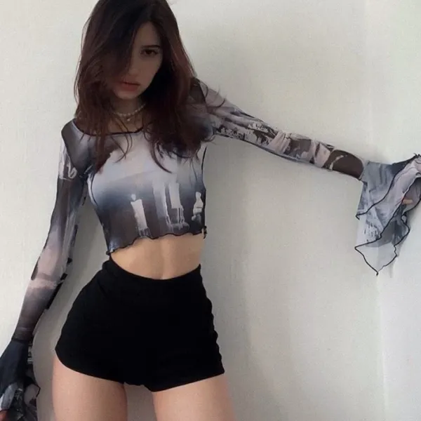 Long Sleeve Tops*Boogzel Clothing Futuristic Flare Sleeves Mesh Top