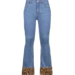 Jeans*Boogzel Clothing Fuzzy Leopard Trim Jeans Blue