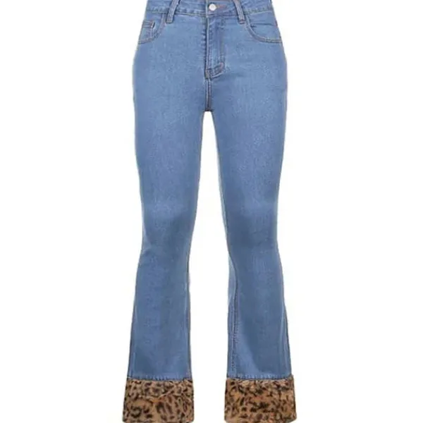 Jeans*Boogzel Clothing Fuzzy Leopard Trim Jeans Blue