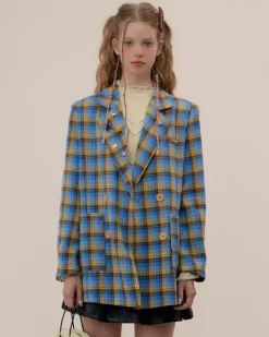 Coats & Jackets*Boogzel Clothing Good Manners Oversized Plaid Blazer Blue/yellow