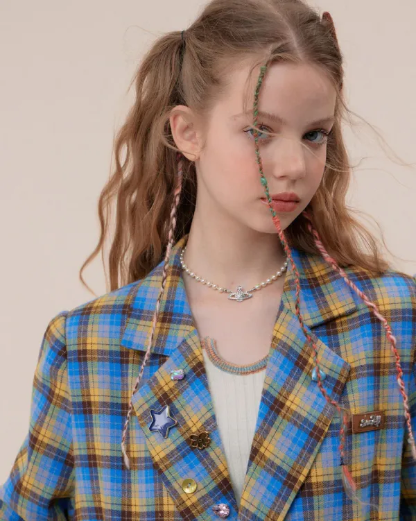 Coats & Jackets*Boogzel Clothing Good Manners Oversized Plaid Blazer Blue/yellow