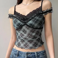 Y2K Tops*Boogzel Clothing Gossip Goes Around Lace Top Blue/black