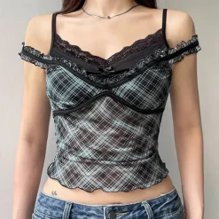Y2K Tops*Boogzel Clothing Gossip Goes Around Lace Top Blue/black