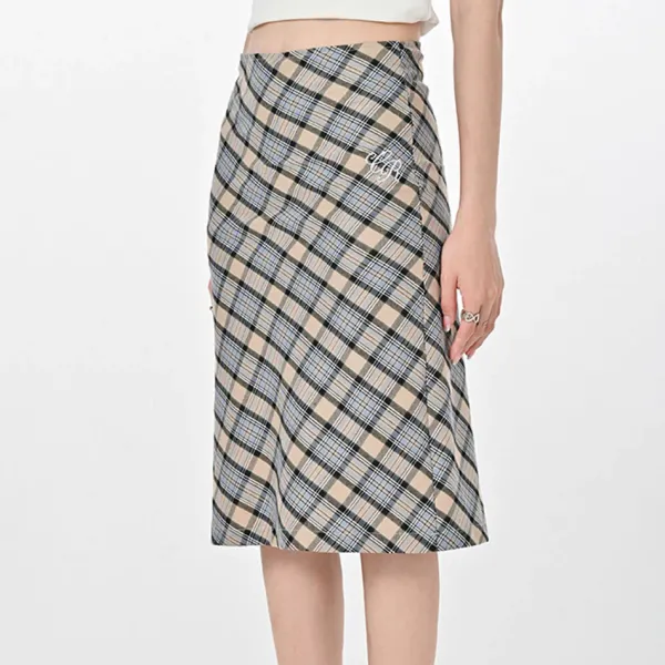 Skirts*Boogzel Clothing Gossip Goes Around Plaid Midi Skirt Beige/blue