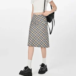 Skirts*Boogzel Clothing Gossip Goes Around Plaid Midi Skirt Beige/blue
