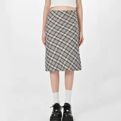 Skirts*Boogzel Clothing Gossip Goes Around Plaid Midi Skirt Beige/blue