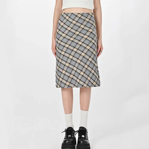 Skirts*Boogzel Clothing Gossip Goes Around Plaid Midi Skirt Beige/blue