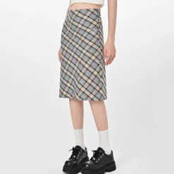 Skirts*Boogzel Clothing Gossip Goes Around Plaid Midi Skirt Beige/blue