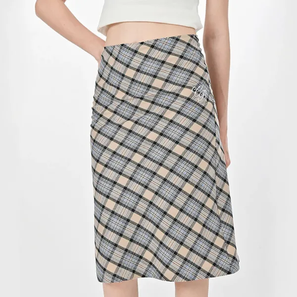 Skirts*Boogzel Clothing Gossip Goes Around Plaid Midi Skirt Beige/blue