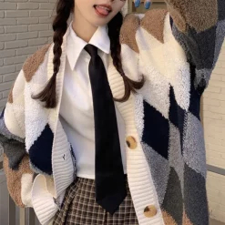 Argyle Sweaters & Vests|Knit Cardigans*Boogzel Clothing Grandma Aesthetic Argyle Cardigan Beige/grey