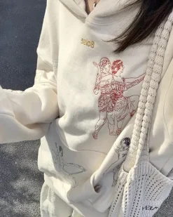 Hoodies*Boogzel Clothing Greek-Roman Art Embroidery Aesthetic Hoodie Beige