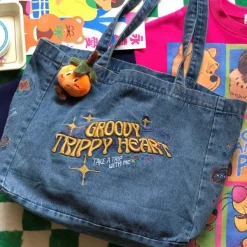Bags & Purses*Boogzel Clothing Groovy Trippy Heart Denim Bag Blue