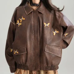 Coats & Jackets*Boogzel Clothing Grunge Aesthetic Butterfly Leather Jacket Brown