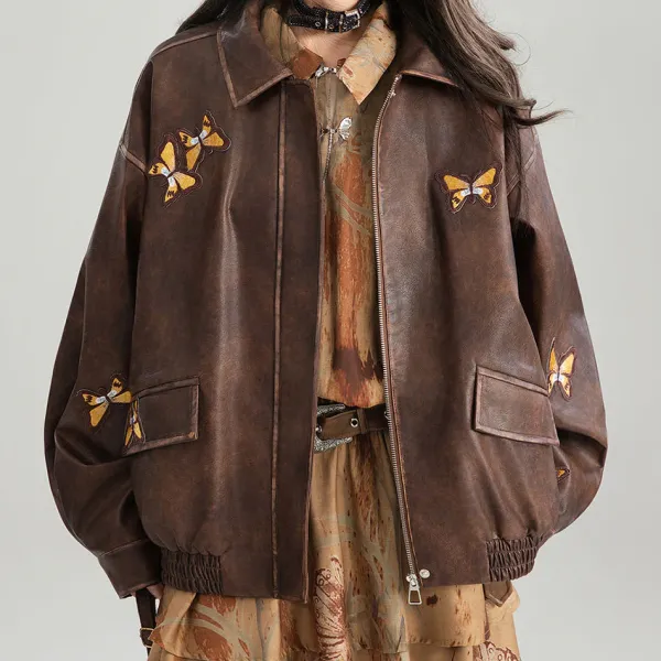 Coats & Jackets*Boogzel Clothing Grunge Aesthetic Butterfly Leather Jacket Brown