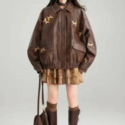 Coats & Jackets*Boogzel Clothing Grunge Aesthetic Butterfly Leather Jacket Brown