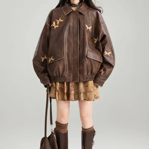 Coats & Jackets*Boogzel Clothing Grunge Aesthetic Butterfly Leather Jacket Brown