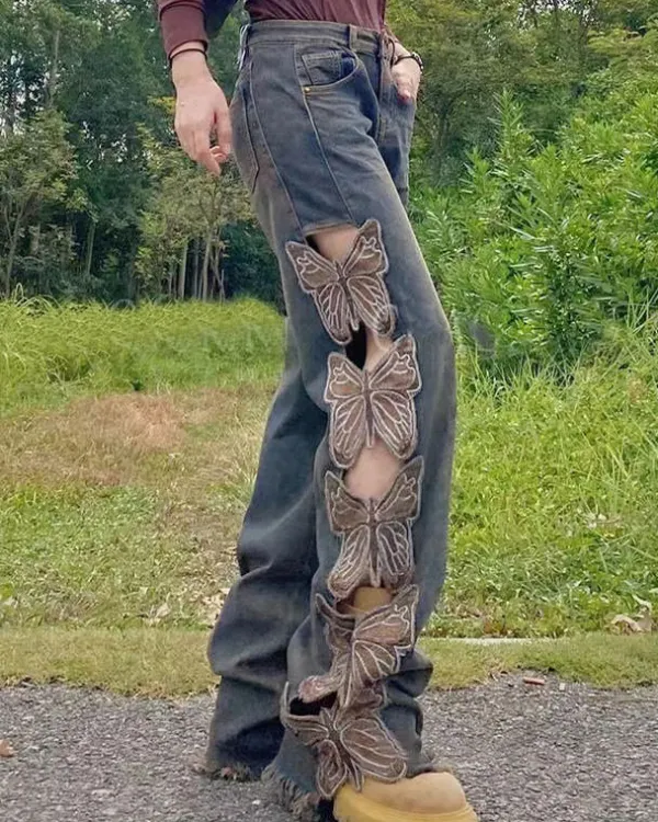 Jeans*Boogzel Clothing Grunge Aesthetic Butterfly Cut Out Jeans Blue