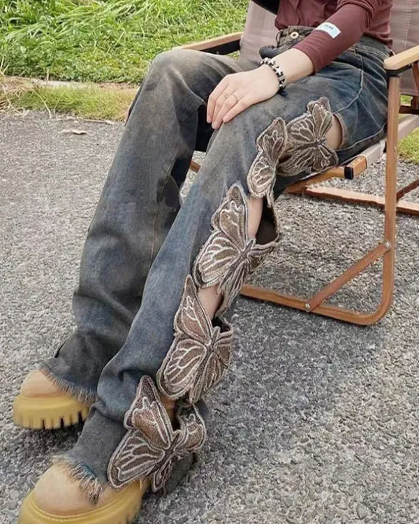 Jeans*Boogzel Clothing Grunge Aesthetic Butterfly Cut Out Jeans Blue