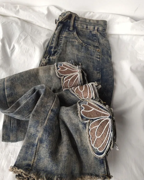 Jeans*Boogzel Clothing Grunge Aesthetic Butterfly Cut Out Jeans Blue