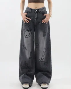 Jeans*Boogzel Clothing Grunge Aesthetic Cat Jeans Black