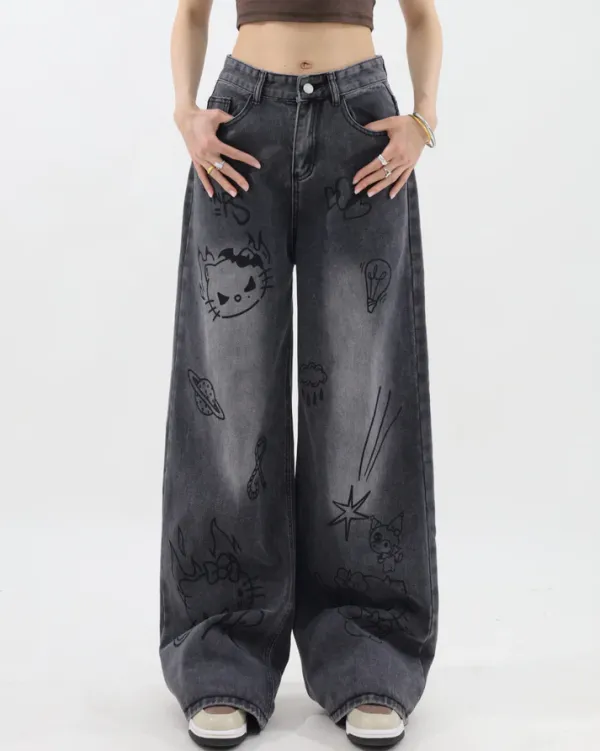 Jeans*Boogzel Clothing Grunge Aesthetic Cat Jeans Black
