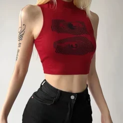 Crop Tops*Boogzel Clothing Grunge Aesthetic Eyes Print Crop Top Red