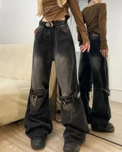 Jeans*Boogzel Clothing Grunge Aesthetic Knee Buckle Jeans Black