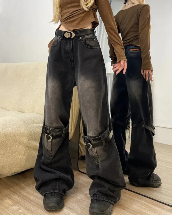 Jeans*Boogzel Clothing Grunge Aesthetic Knee Buckle Jeans Black