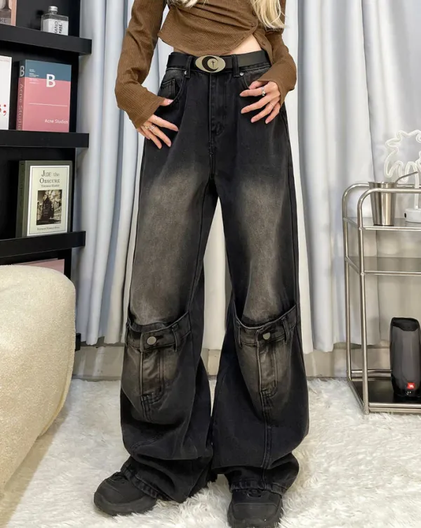 Jeans*Boogzel Clothing Grunge Aesthetic Knee Buckle Jeans Black