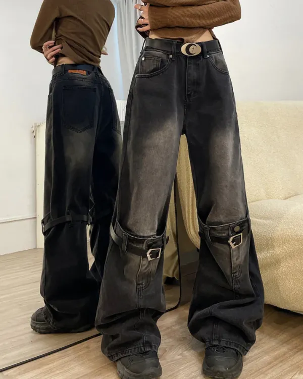 Jeans*Boogzel Clothing Grunge Aesthetic Knee Buckle Jeans Black