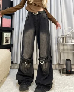 Jeans*Boogzel Clothing Grunge Aesthetic Knee Buckle Jeans Black