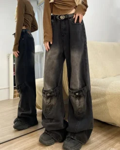 Jeans*Boogzel Clothing Grunge Aesthetic Knee Buckle Jeans Black