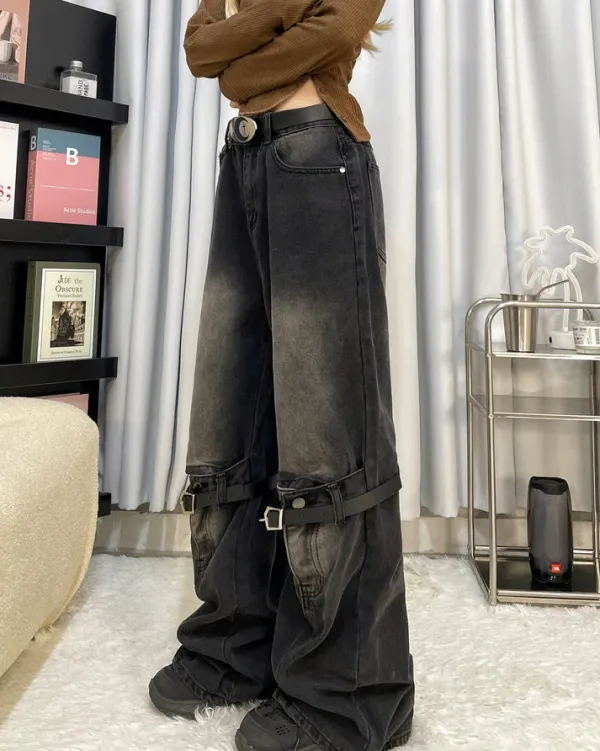 Jeans*Boogzel Clothing Grunge Aesthetic Knee Buckle Jeans Black