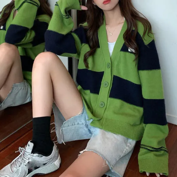 Striped Sweaters|Knit Cardigans*Boogzel Clothing Grunge Aesthetic Striped Cardigan Green