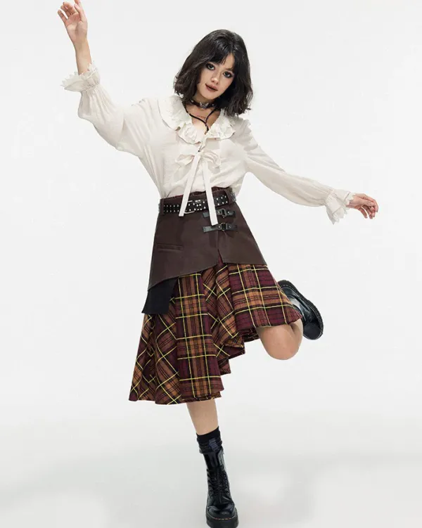Skirts*Boogzel Clothing Grunge Asymmetrical Plaid Skirt Brown
