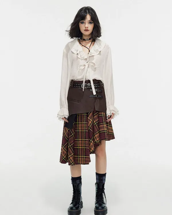 Skirts*Boogzel Clothing Grunge Asymmetrical Plaid Skirt Brown