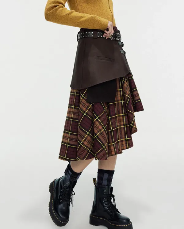 Skirts*Boogzel Clothing Grunge Asymmetrical Plaid Skirt Brown