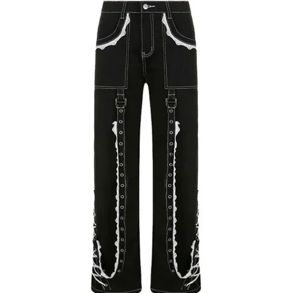 Jeans*Boogzel Clothing Grunge Lace Up Baggy Jeans Black