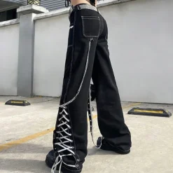 Jeans*Boogzel Clothing Grunge Lace Up Baggy Jeans Black