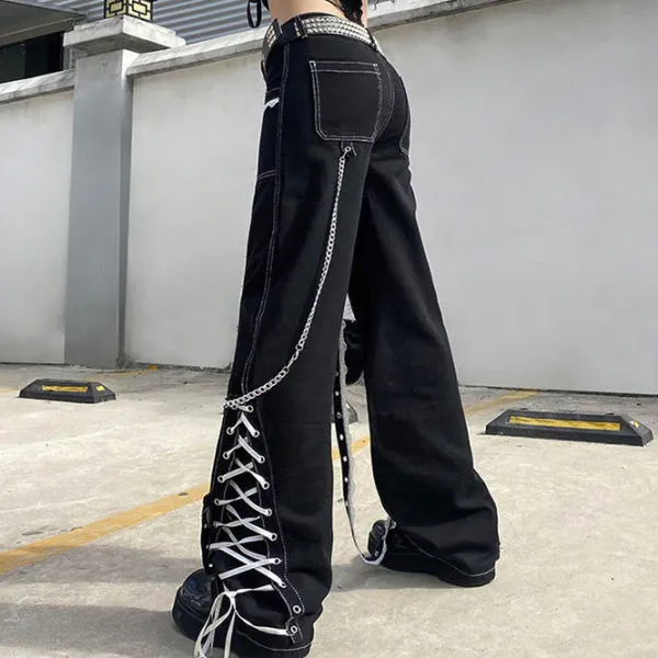 Jeans*Boogzel Clothing Grunge Lace Up Baggy Jeans Black