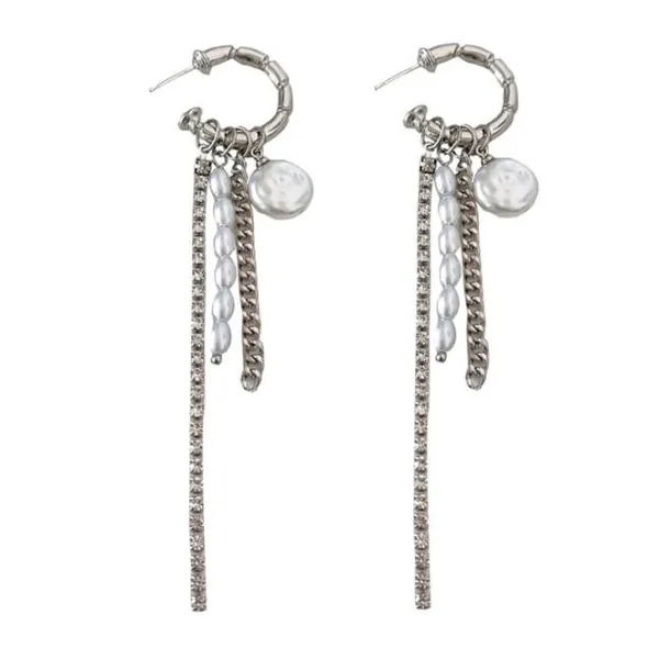 Earrings*Boogzel Clothing Grunge Pearl Chain Tassel Earrings Silver