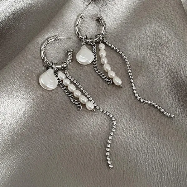 Earrings*Boogzel Clothing Grunge Pearl Chain Tassel Earrings Silver