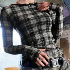 Long Sleeve Tops*Boogzel Clothing Grunge Plaid Mesh Long Sleeve Top Black