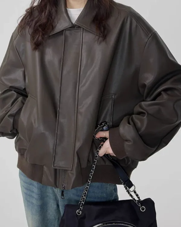 Coats & Jackets*Boogzel Clothing Grunge Sleaze Leather Bomber Jacket Brown