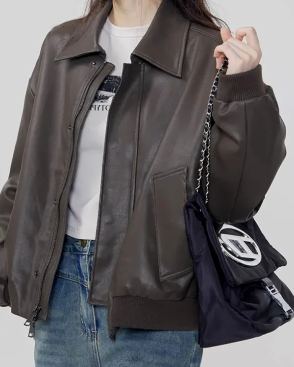 Coats & Jackets*Boogzel Clothing Grunge Sleaze Leather Bomber Jacket Brown