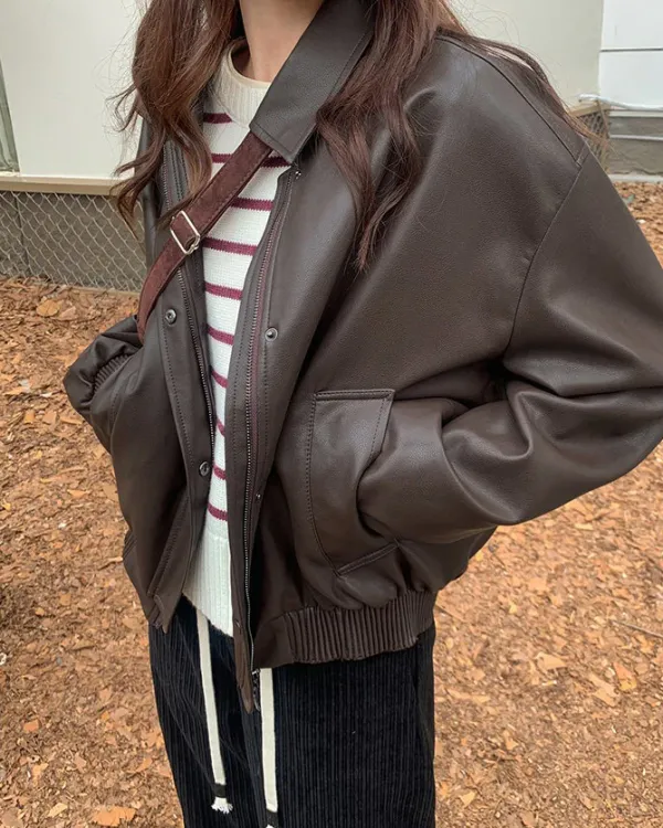 Coats & Jackets*Boogzel Clothing Grunge Sleaze Leather Bomber Jacket Brown