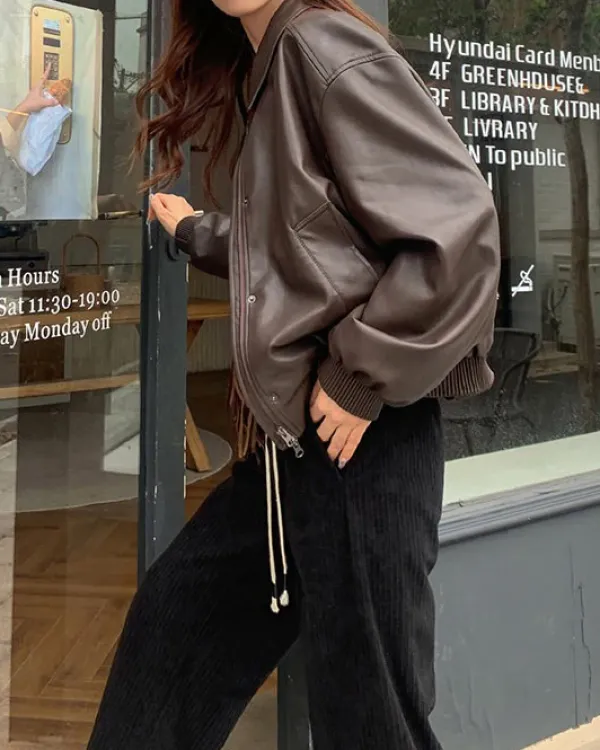 Coats & Jackets*Boogzel Clothing Grunge Sleaze Leather Bomber Jacket Brown