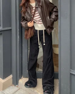 Coats & Jackets*Boogzel Clothing Grunge Sleaze Leather Bomber Jacket Brown