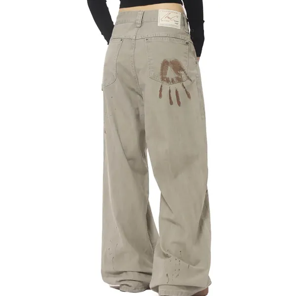 Jeans*Boogzel Clothing Handprint Wide-Leg Jeans Beige