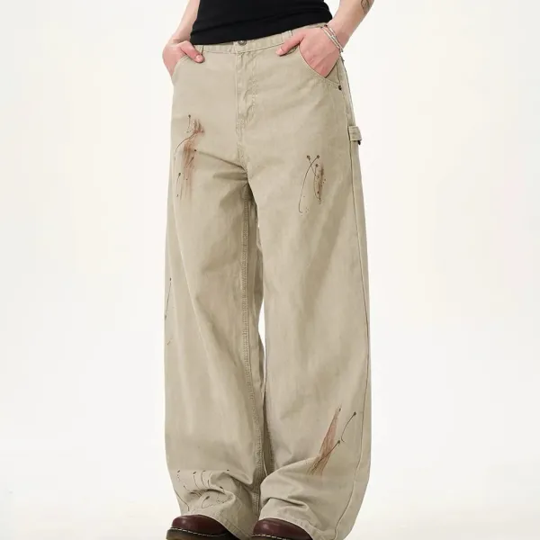Jeans*Boogzel Clothing Handprint Wide-Leg Jeans Beige